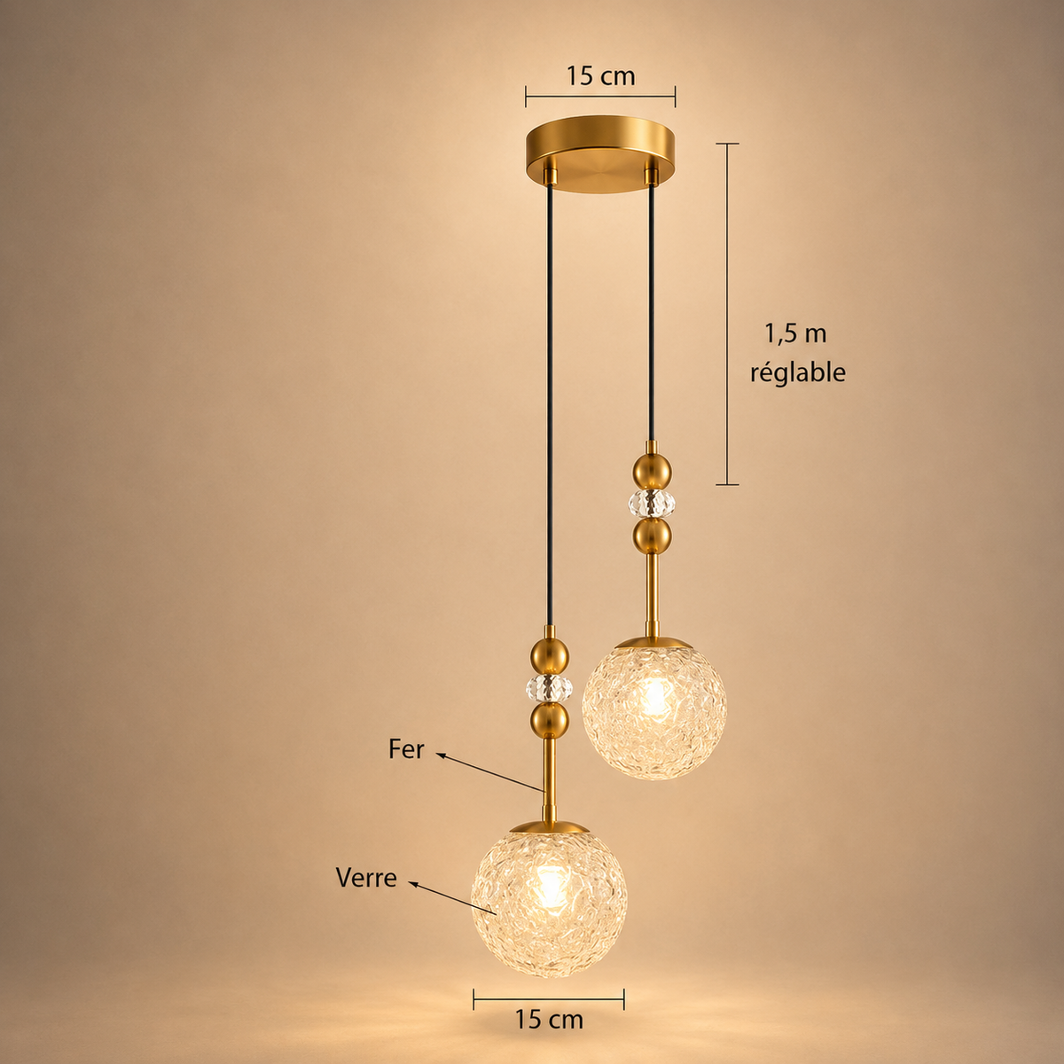 Lampe de Chevet Suspendue en Verre - Boule de Verre - Boule design x2, dimensions | Cocon de Lune
