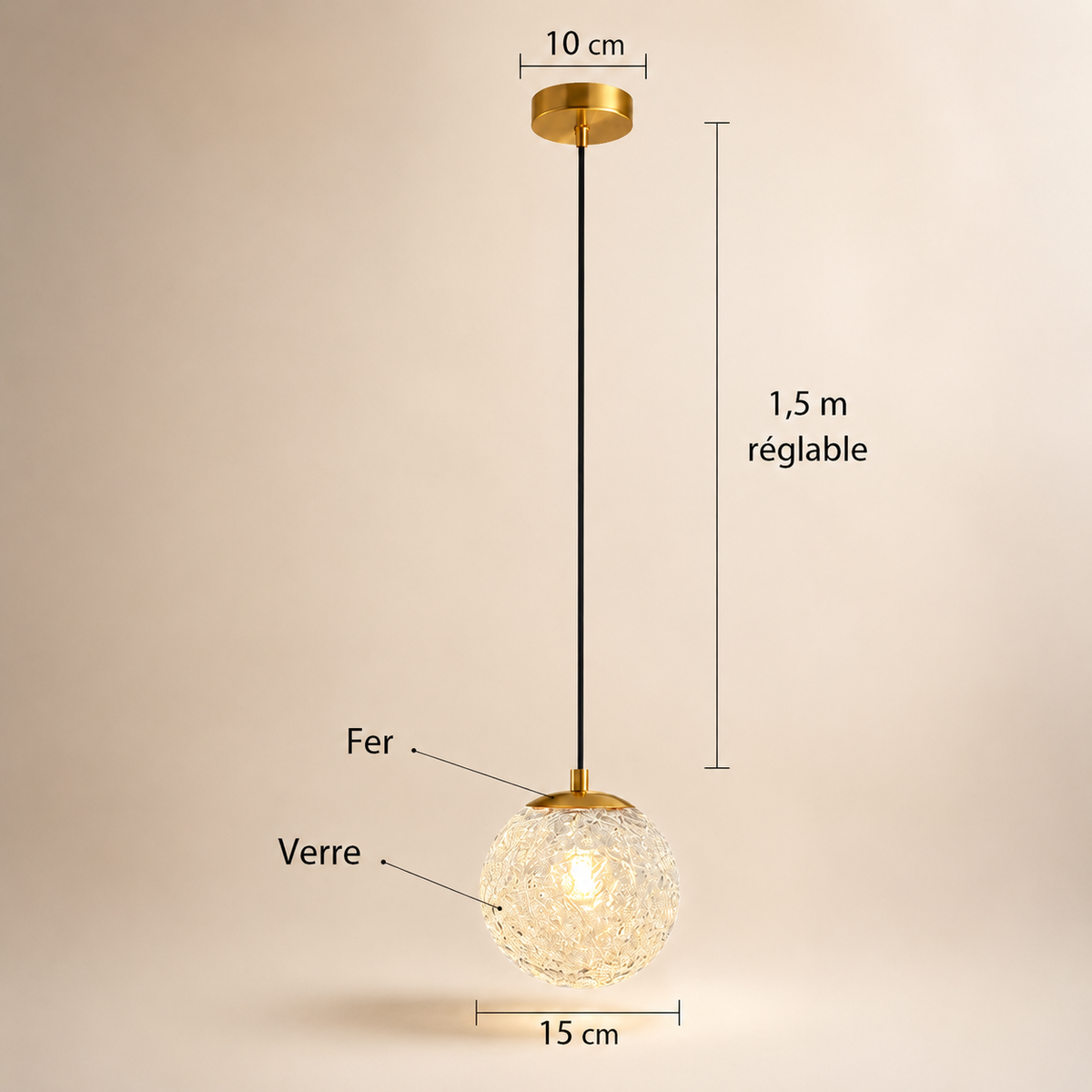 Lampe de Chevet Suspendue en Verre - Boule de Verre - Boule simple, dimensions | Cocon de Lune