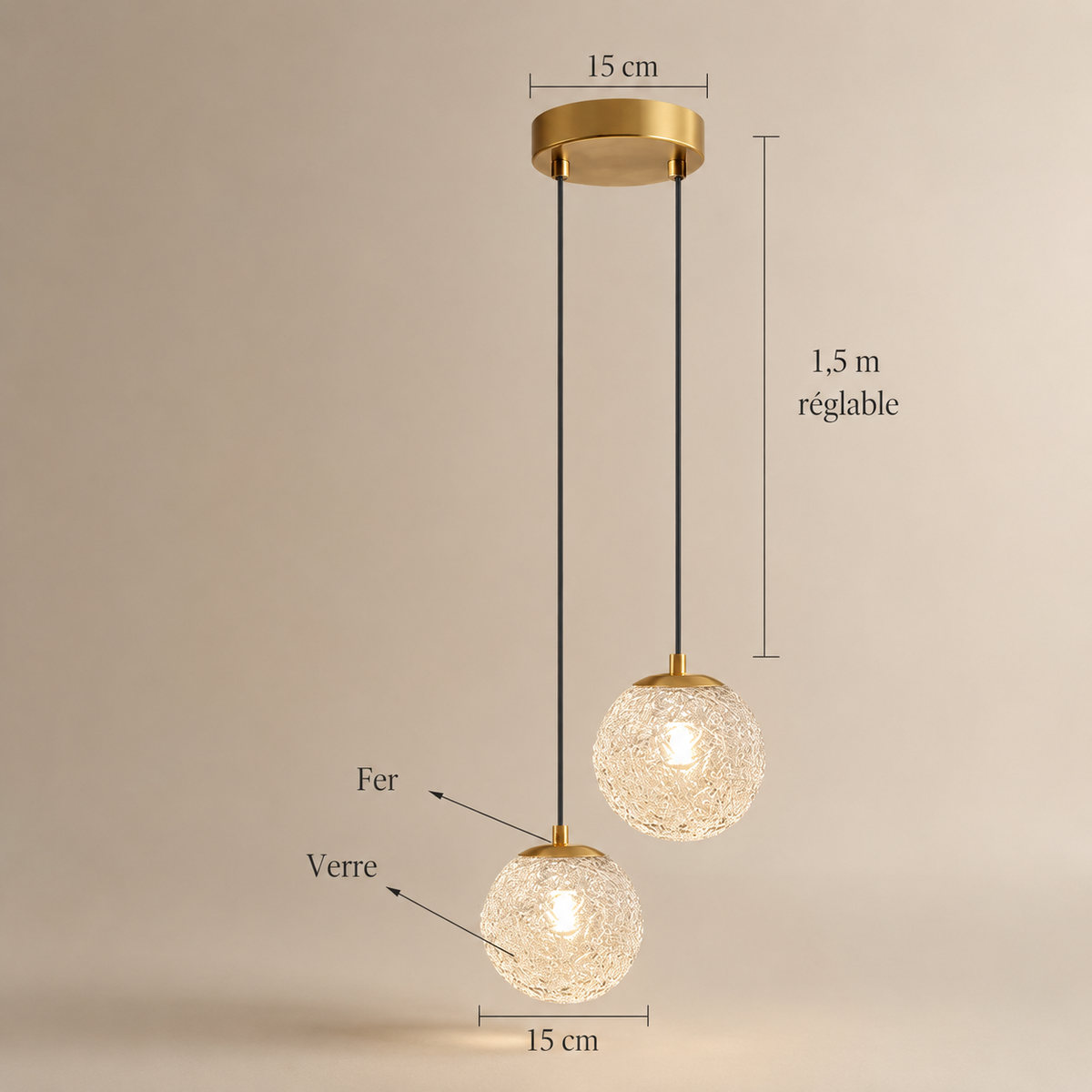 Lampe de Chevet Suspendue en Verre - Boule de Verre - Boule x2, dimensions | Cocon de Lune