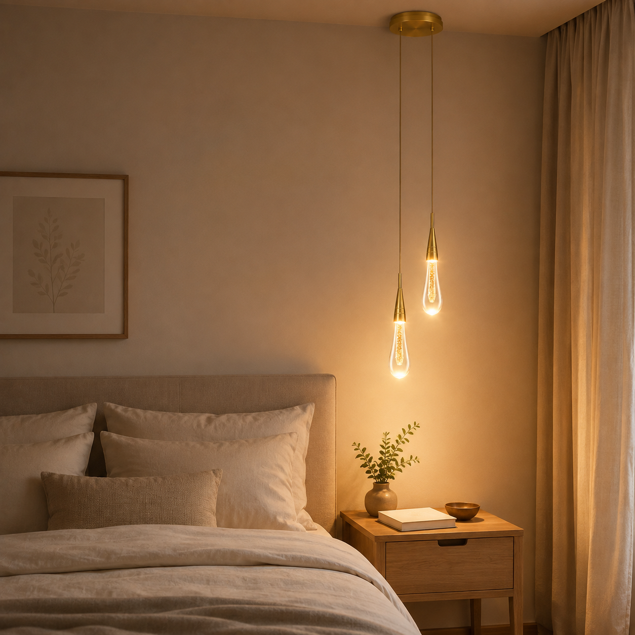 Deux suspensions Tige de Lumiere allumees au-dessus d une table de chevet en bois