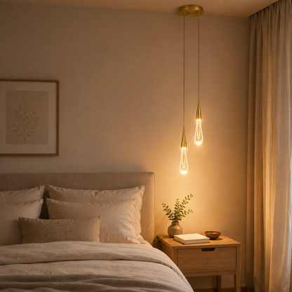 Deux suspensions Tige de Lumiere allumees au-dessus d une table de chevet en bois