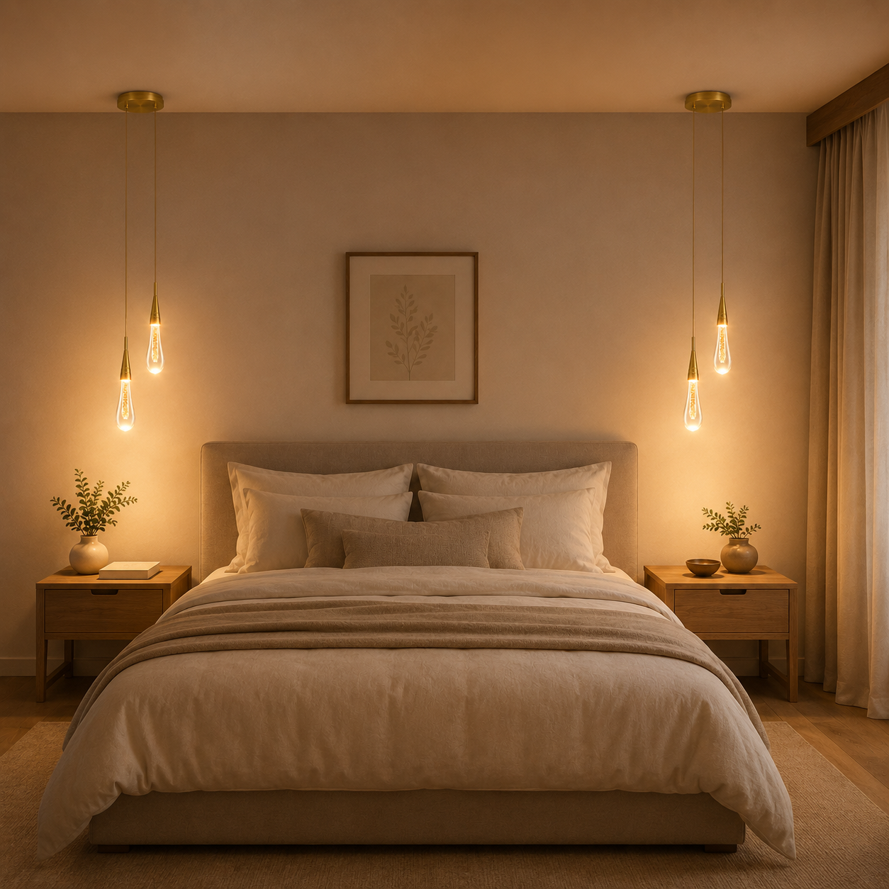 Suspensions Tige de Lumiere de part et d autre d un lit dans une chambre beige