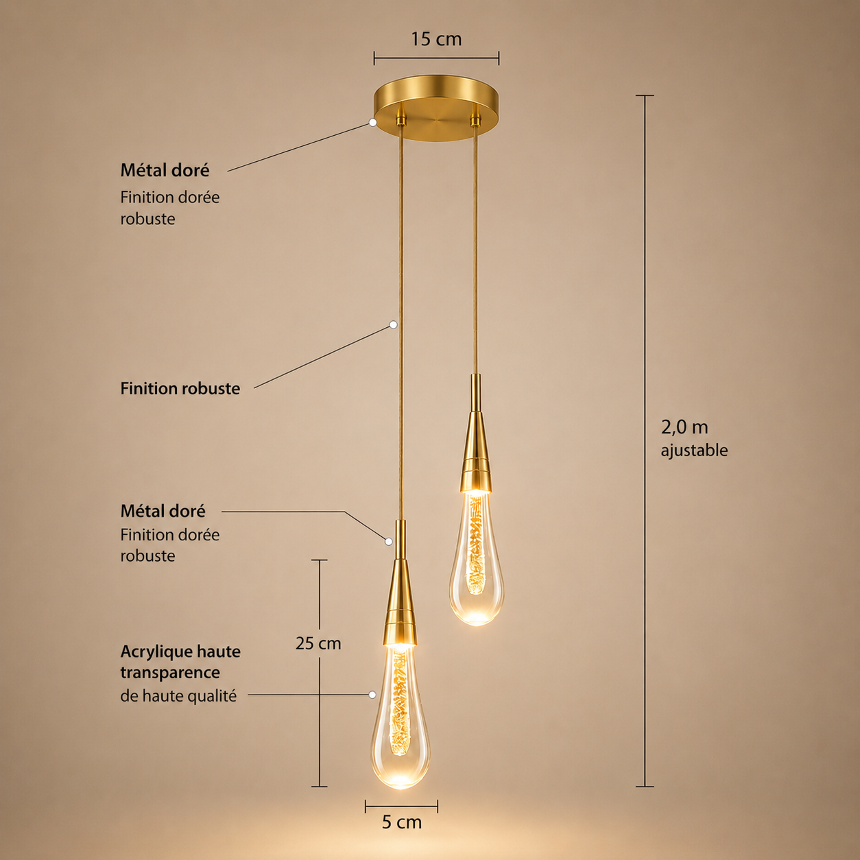 Dimensions de la Tige de Lumiere double goutte : gouttes 25 cm, largeur 5 cm, platine 15 cm, hauteur ajustable 2 m