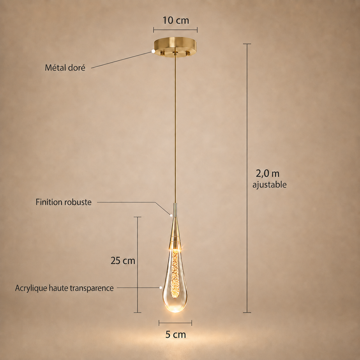 Dimensions de la Tige de Lumiere goutte simple : goutte 25 cm, largeur 5 cm, platine 10 cm, hauteur ajustable 2 m
