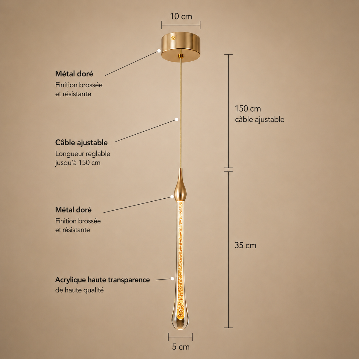 Dimensions de la Tige de Lumiere grande goutte : goutte 35 cm, largeur 5 cm, platine 10 cm, cable ajustable 150 cm