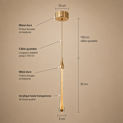 Dimensions de la Tige de Lumiere grande goutte : goutte 35 cm, largeur 5 cm, platine 10 cm, cable ajustable 150 cm
