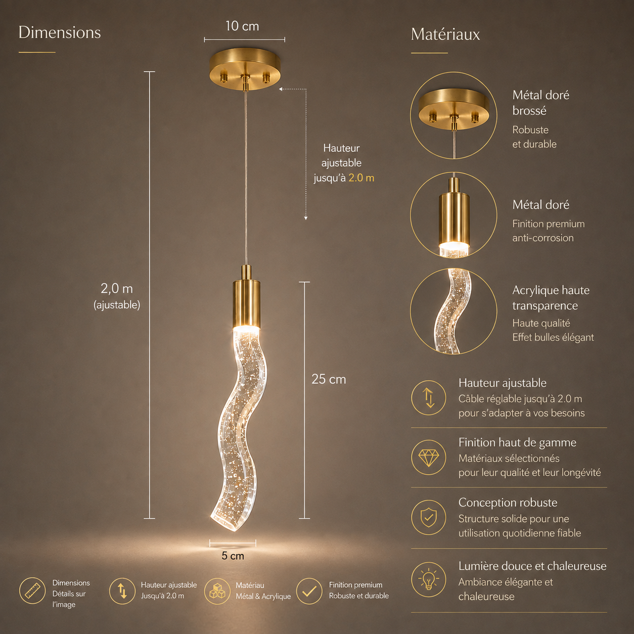 Dimensions et materiaux de la Tige de Lumiere ondulee en acrylique et metal dore