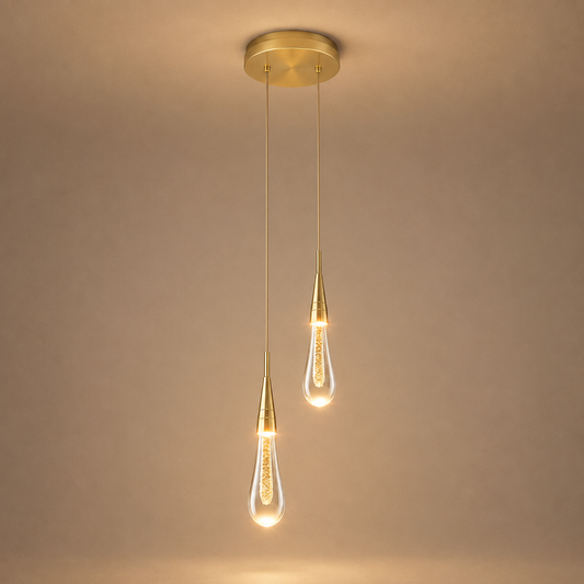 Suspension Tige de Lumiere en double goutte d eau, deux gouttes a hauteurs differentes