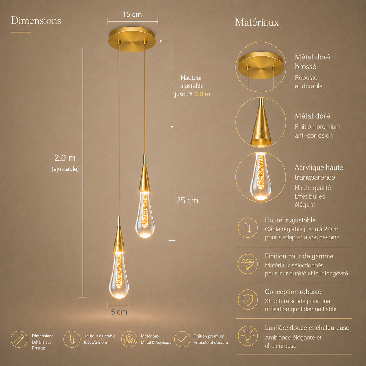 Dimensions et materiaux de la Tige de Lumiere double goutte : 25 cm, platine 15 cm, acrylique et metal dore brosse