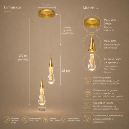 Dimensions et materiaux de la Tige de Lumiere double goutte : 25 cm, platine 15 cm, acrylique et metal dore brosse
