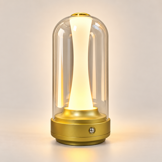 Lampe de chevet tactile MotionTouch coloris Or, dôme transparent et socle doré allumé | Cocon de Lune