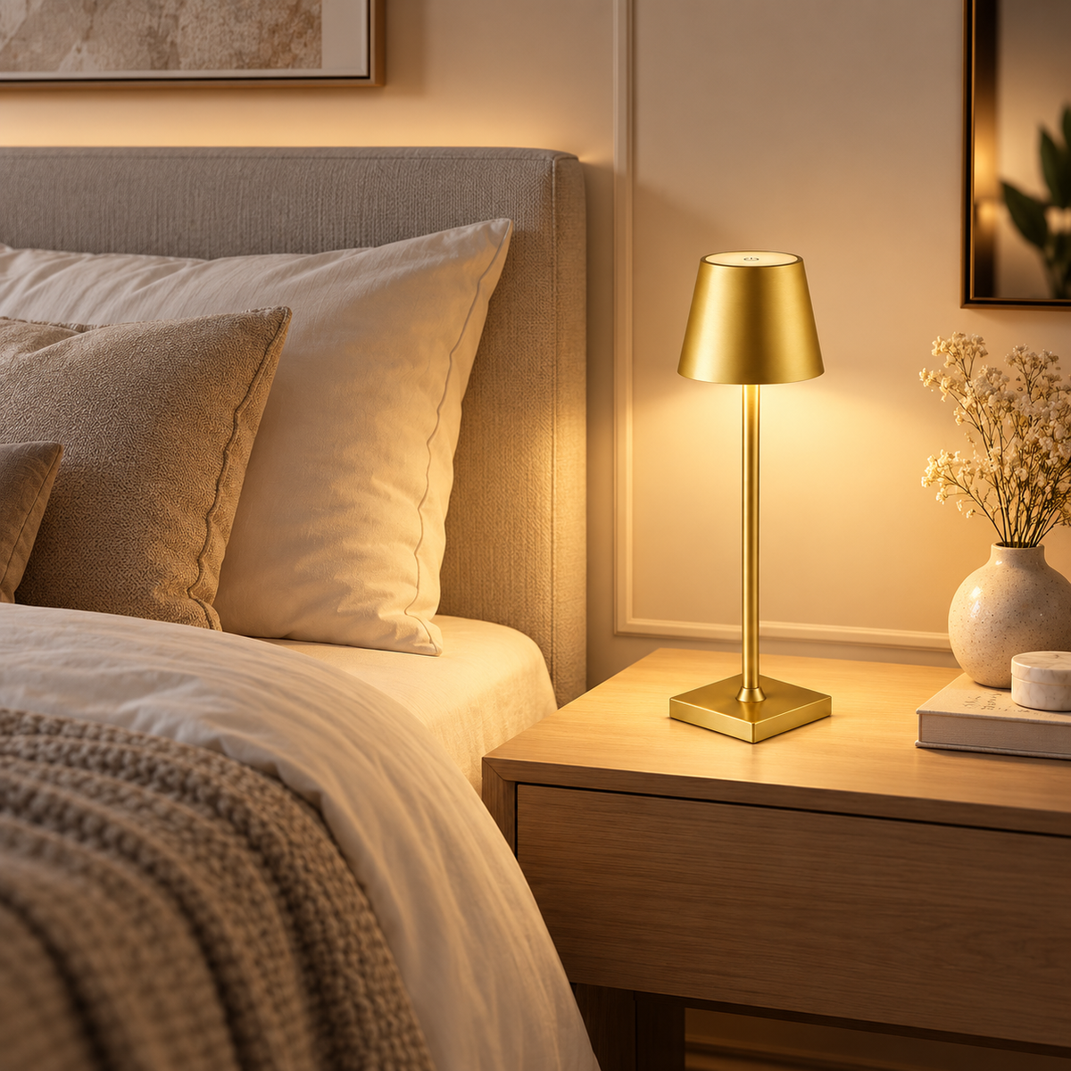 Lampe de Chevet Tactile Style Bistrot - Glide | Cocon de Lune - Or sur une table de nuit