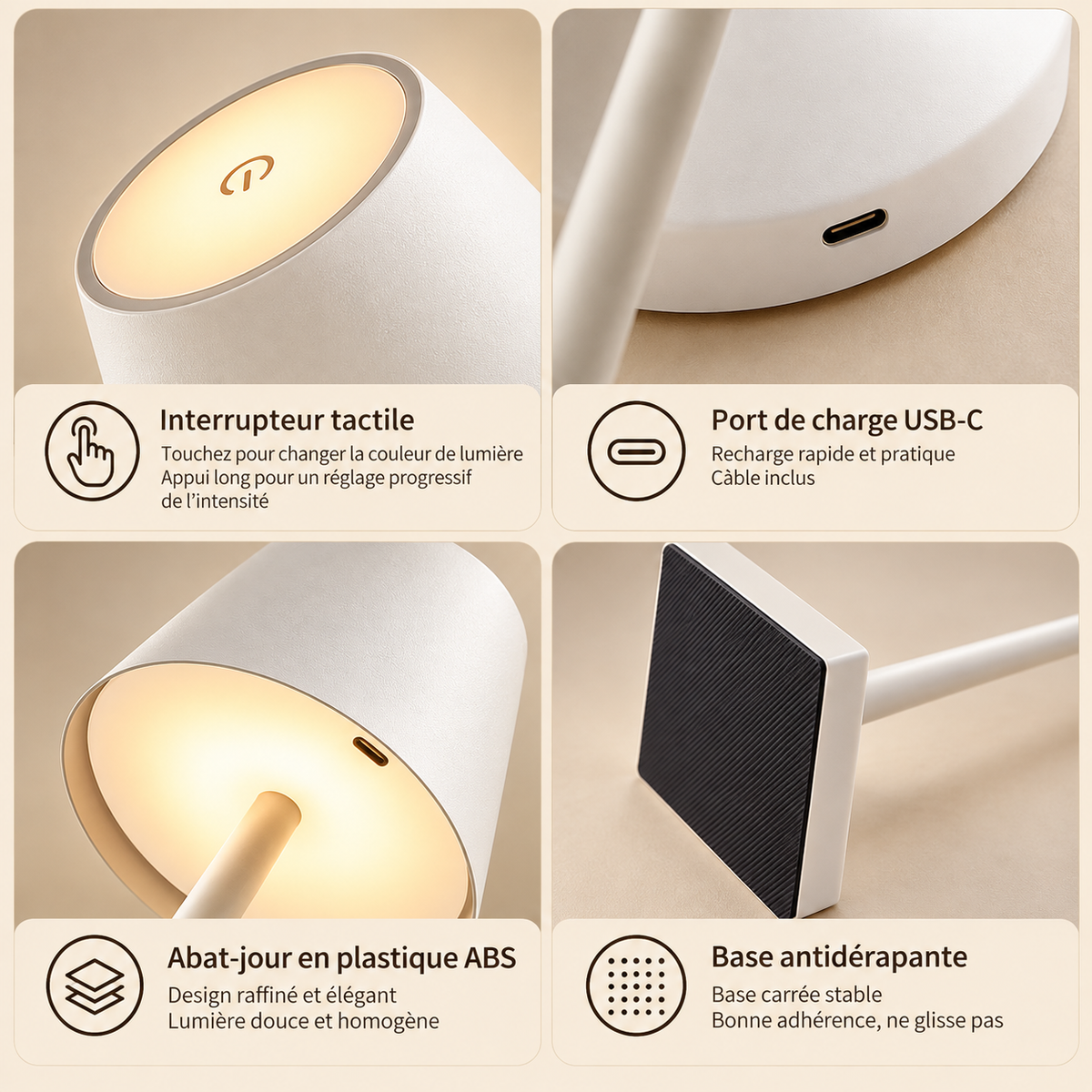 Lampe de Chevet Tactile Style Bistrot - Glide | Cocon de Lune - interrupteur tactile, port USB-C et base antidérapante