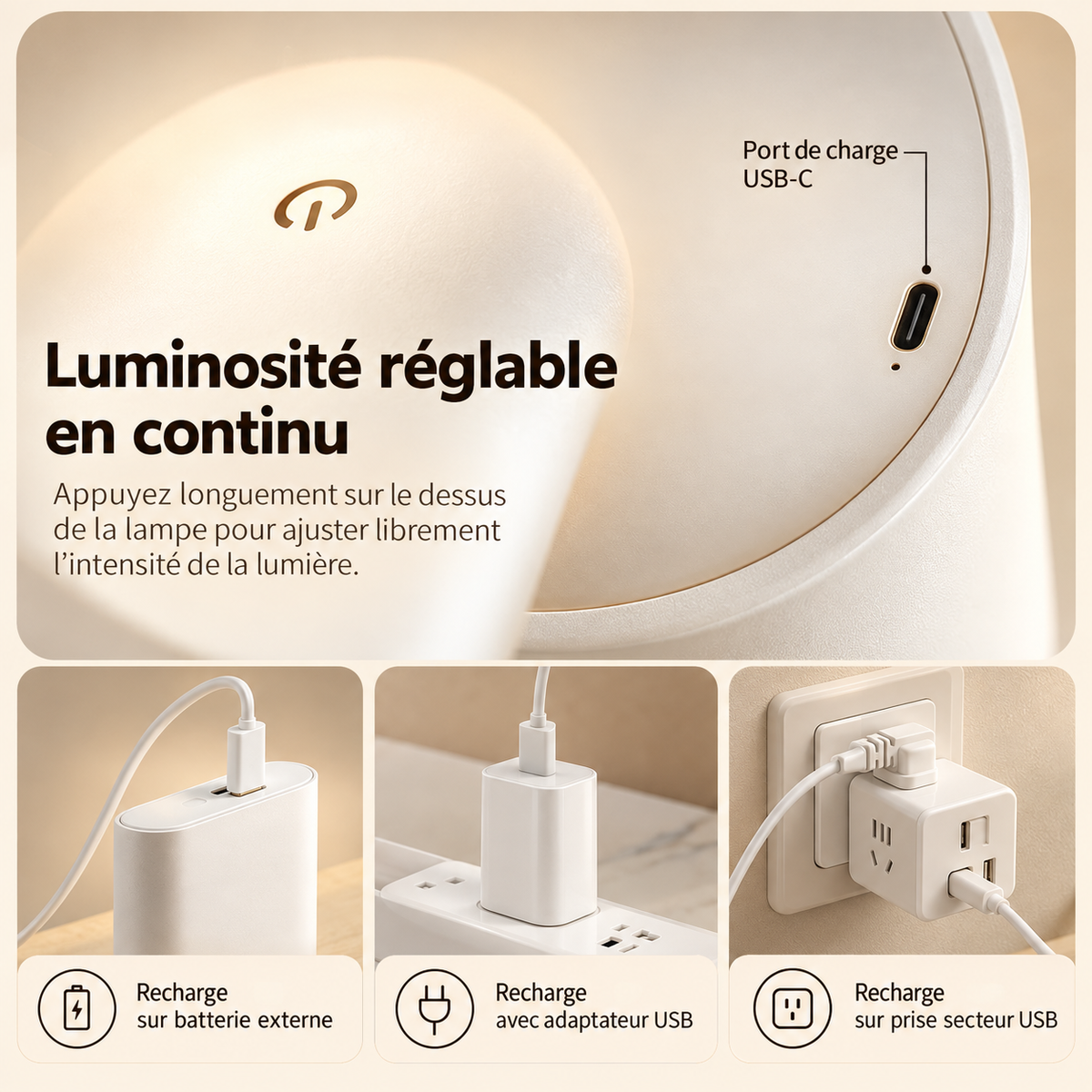 Lampe de Chevet Tactile Style Bistrot - Glide | Cocon de Lune - recharge USB-C et luminosité réglable