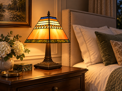 Lampe de Chevet Tiffany Géométrique - VintageLine | Cocon de Lune - allumée sur une table de nuit en bois foncé, près d'une tête de lit capitonnée