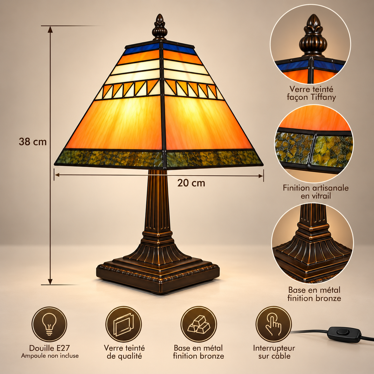 Lampe de Chevet Tiffany Géométrique - VintageLine | Cocon de Lune - dimensions 38 cm de haut x 20 cm de large, détails du verre teinté et de la base bronze