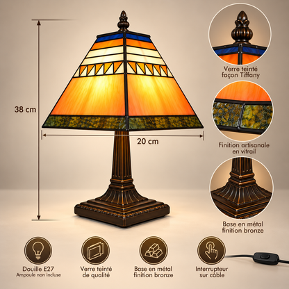 Lampe de Chevet Tiffany Géométrique - VintageLine | Cocon de Lune - dimensions 38 cm de haut x 20 cm de large, détails du verre teinté et de la base bronze