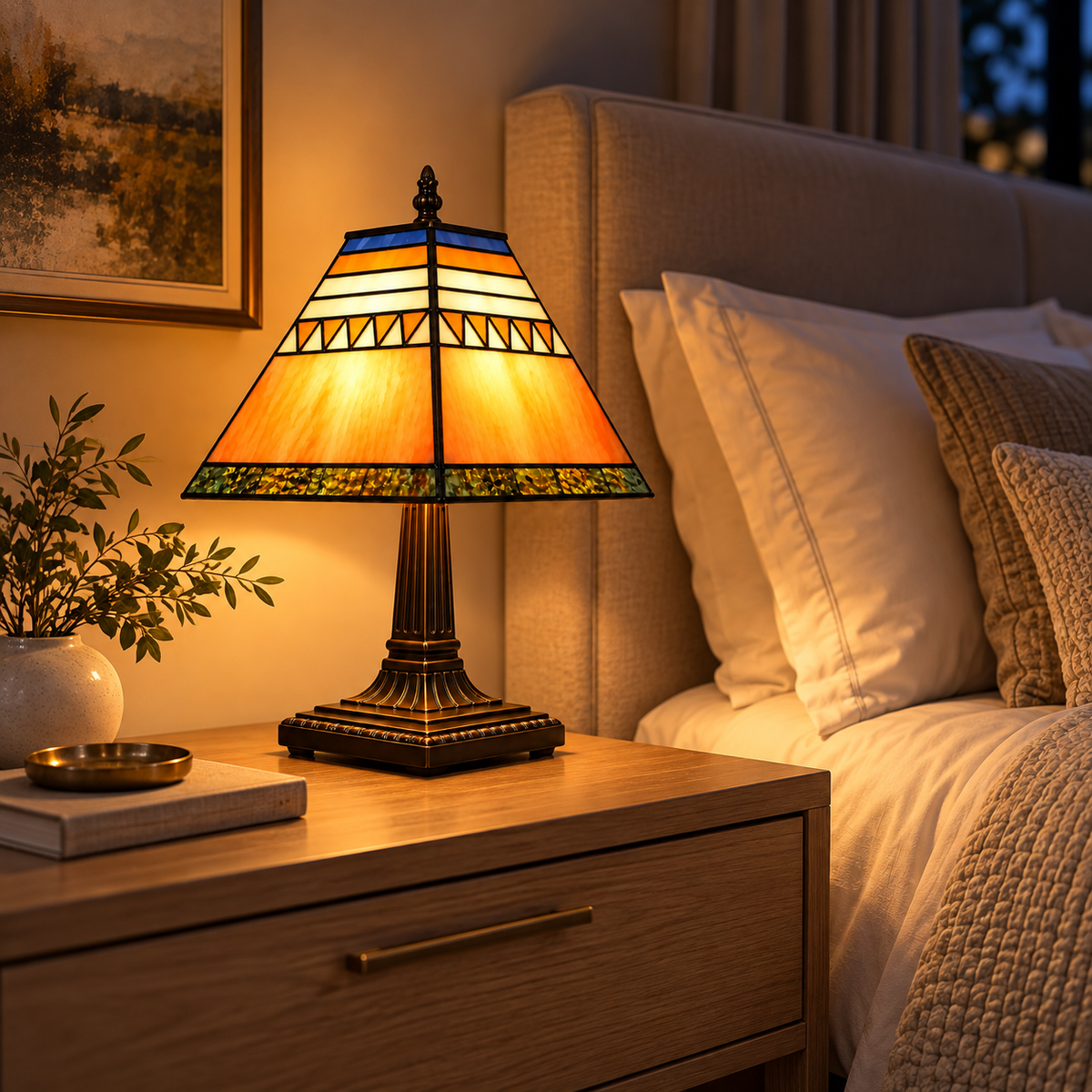 Lampe de Chevet Tiffany Géométrique - VintageLine | Cocon de Lune - allumée sur une table de nuit en chêne clair, lumière chaude dans la chambre