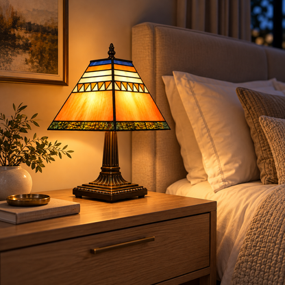 Lampe de Chevet Tiffany Géométrique - VintageLine | Cocon de Lune - allumée sur une table de nuit en chêne clair, lumière chaude dans la chambre