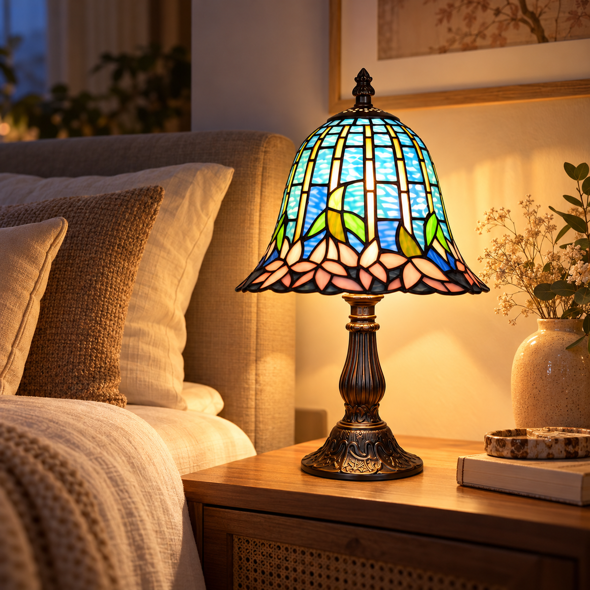 Lampe de Chevet Tiffany Nénuphar - Ancora | Cocon de Lune - allumée sur une table de nuit en bois, près d'un lit aux coussins en lin