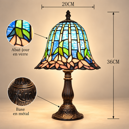 Lampe de Chevet Tiffany Nénuphar - Ancora | Cocon de Lune - dimensions 36 cm de haut et abat-jour de 20 cm, détails du verre et de la base en métal