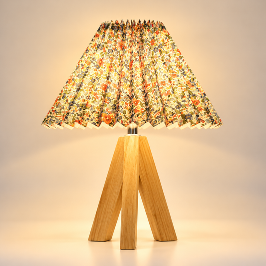 Lampe de Chevet Trépied en Bois - Pin Doré | Cocon de Lune - Abat-jour plissé fleuri