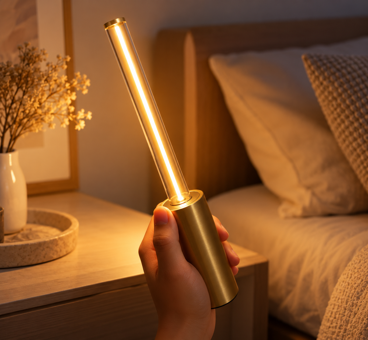 Lampe de Chevet Tube Sans Fil - WandLight | Cocon de Lune - Tenue en main près du lit