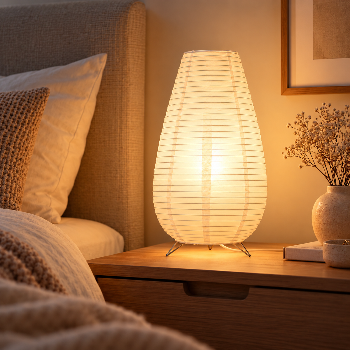 Lampe de Chevet Zen en Papier de Riz - Hikari | Cocon de Lune - Allongée sur une table de chevet