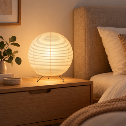 Lampe de Chevet Zen en Papier de Riz - Hikari | Cocon de Lune - Ronde sur une table de chevet