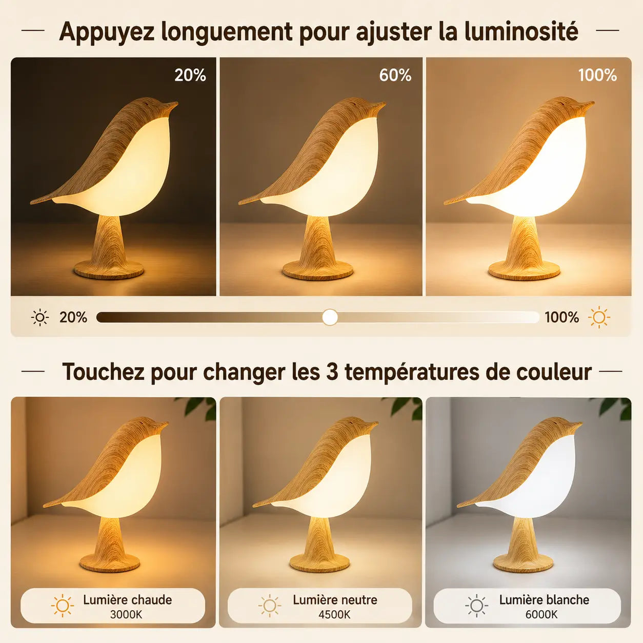 Lampe Oiseau Art Déco Tactile Rechargeable | Cocon de Lune