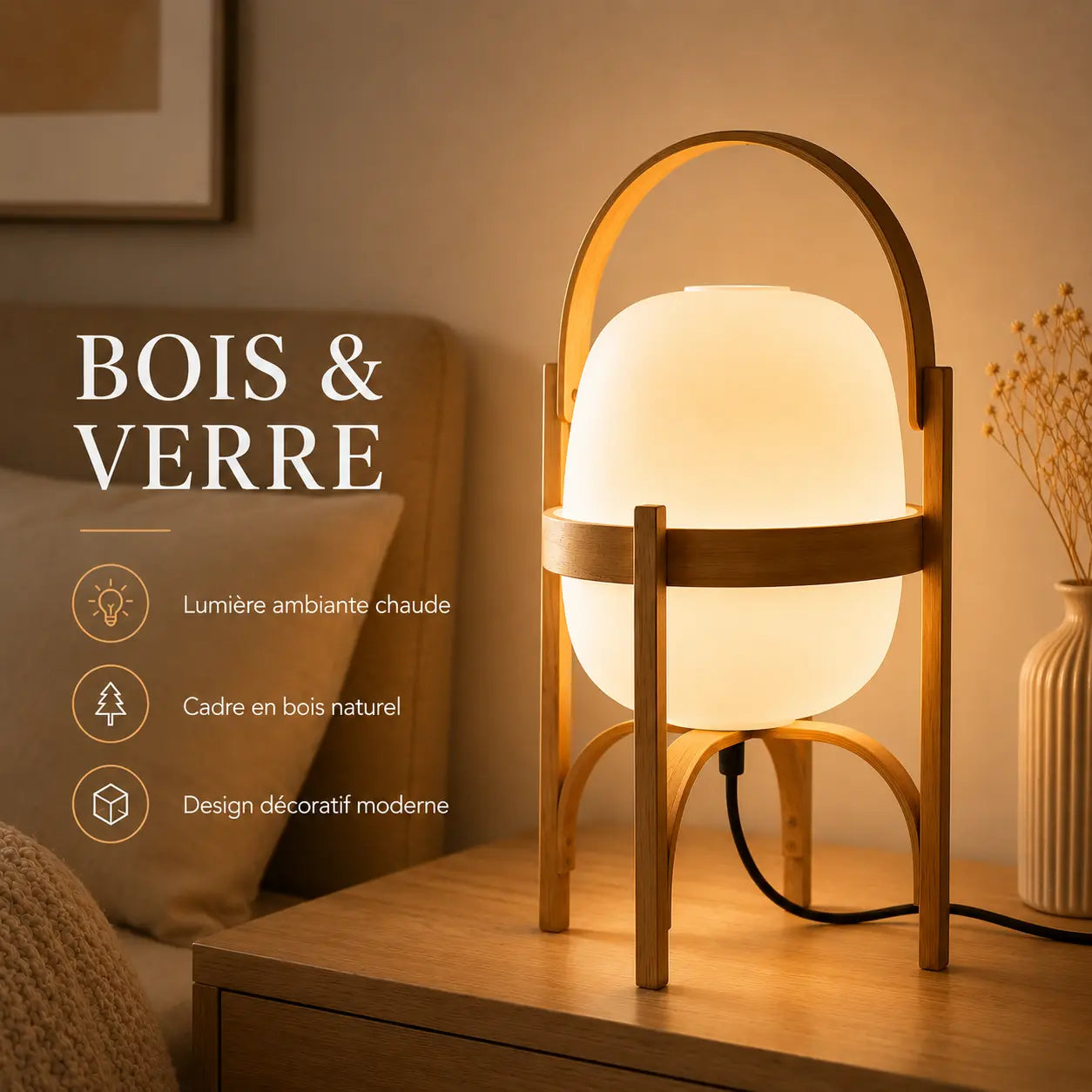 Lampe de table Osaka bois et verre - ambiance chambre