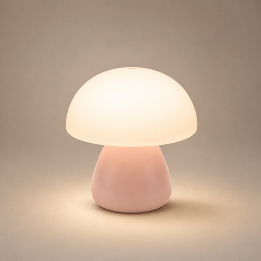 Petite lampe de chevet champignon Petite Ronde rose allumée, abat-jour blanc diffusant | Cocon de Lune