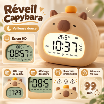 Réveil Capybara Veilleuse Enfant - LumeKid | Cocon de Lune - Fonctions : 3 alarmes, minuteur et veilleuse