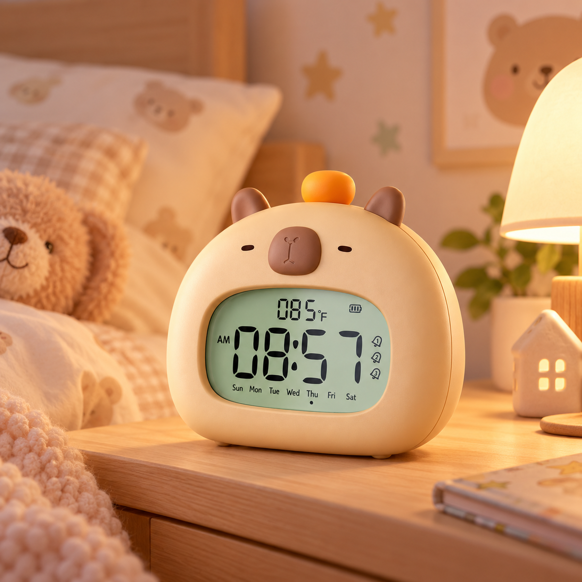 Réveil Capybara Veilleuse Enfant - LumeKid | Cocon de Lune - Sur une table de nuit de chambre d'enfant