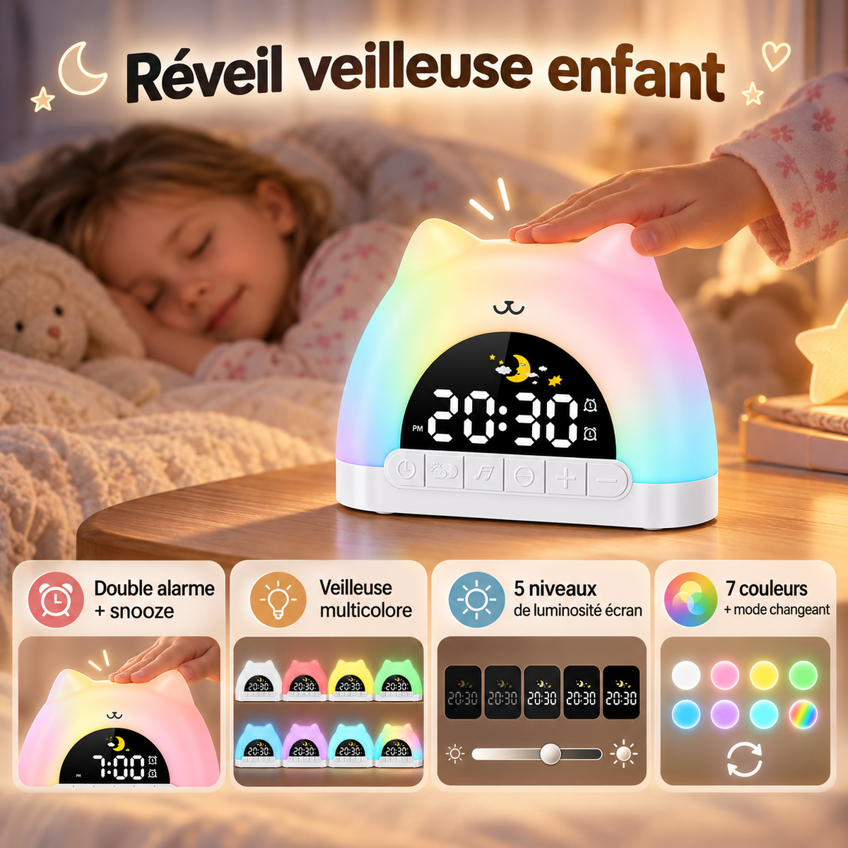 Réveil Enfant Chat Veilleuse Multicolore - Minou | Cocon de Lune - double alarme, veilleuse et luminosité de l'écran
