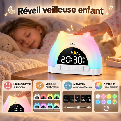 Réveil Enfant Chat Veilleuse Multicolore - Minou | Cocon de Lune - double alarme, veilleuse et luminosité de l'écran