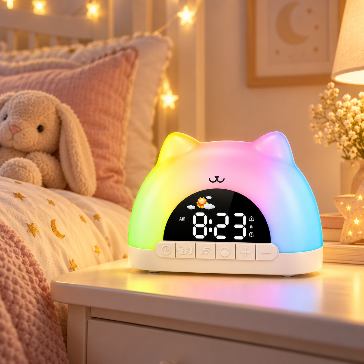 Réveil Enfant Chat Veilleuse Multicolore - Minou | Cocon de Lune - sur une table de nuit