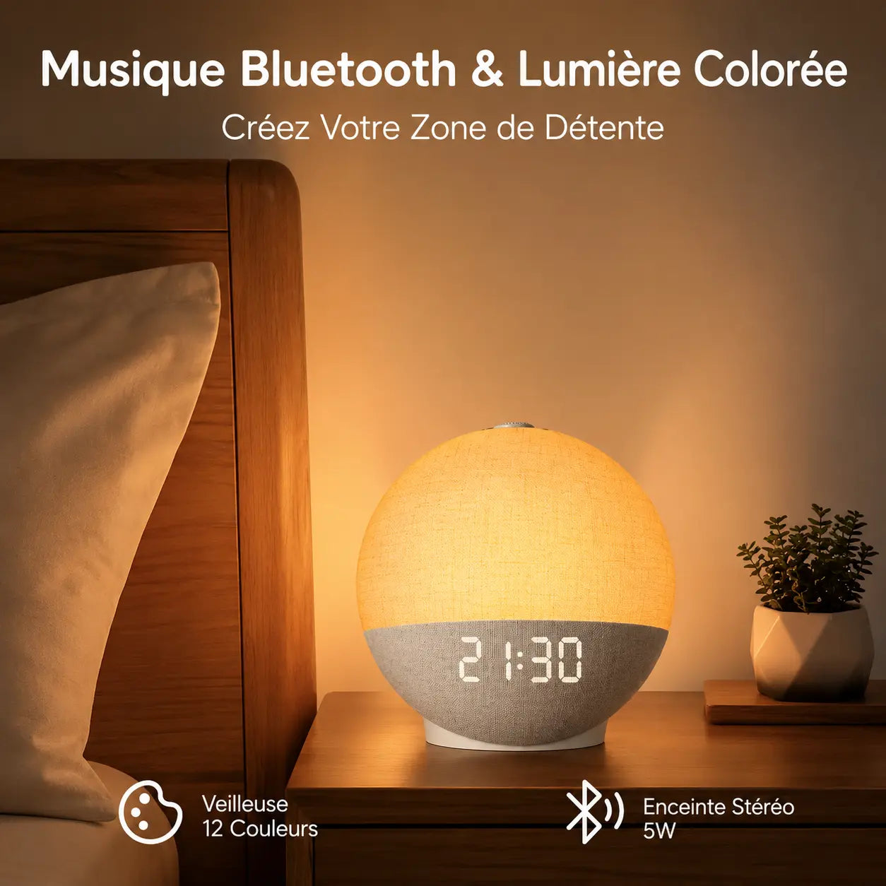 Enceinte Bluetooth stéréo 5 W du réveil Éveil pour la musique au chevet | Cocon de Lune
