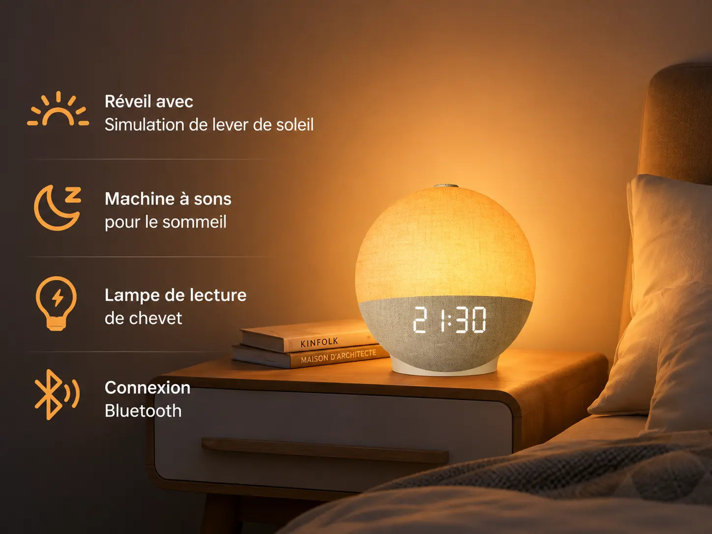 Réveil lumineux Éveil allumé en lumière chaude sur une table de chevet | Cocon de Lune