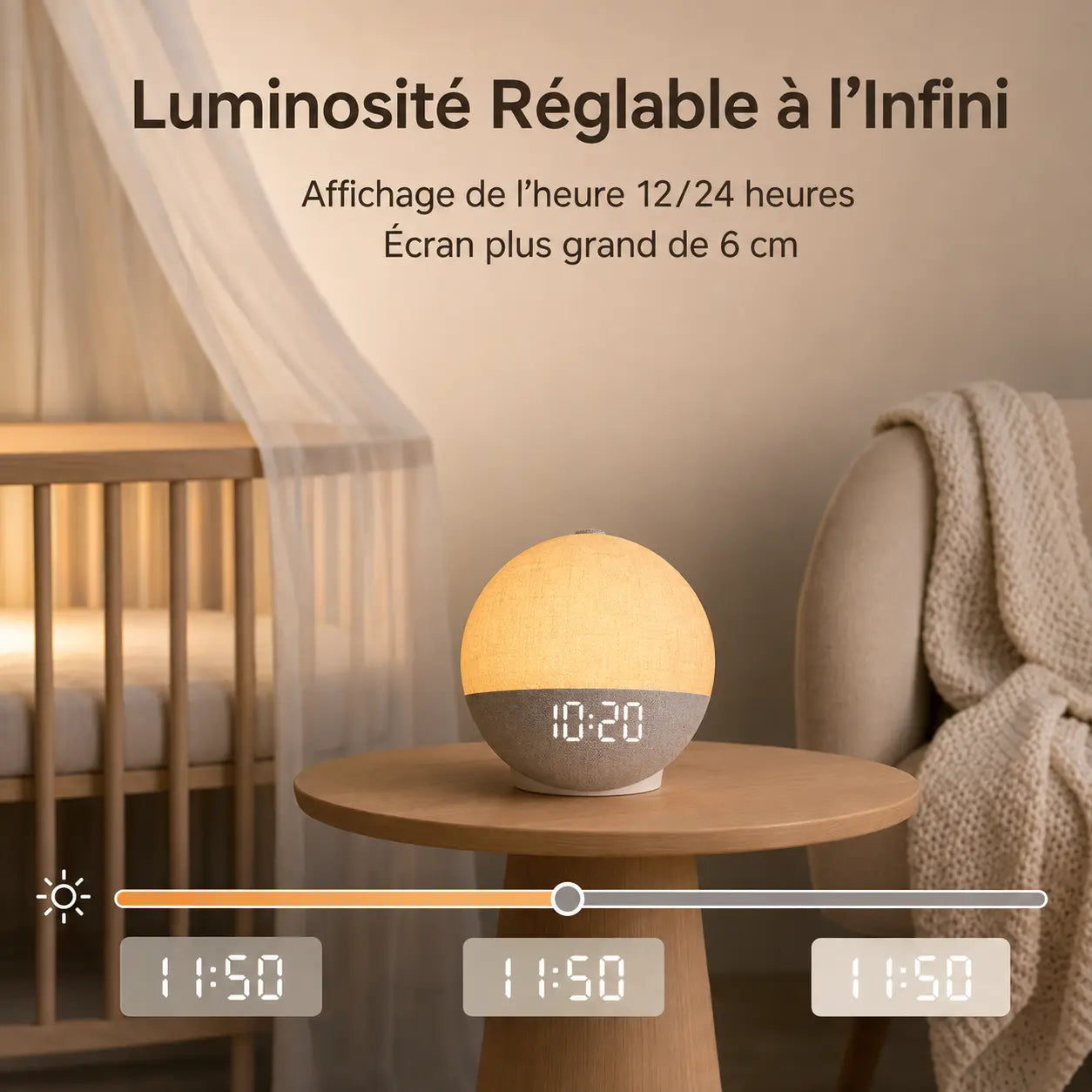 Écran LED 2,8 pouces du réveil Éveil à luminosité réglable, format 12/24 h | Cocon de Lune
