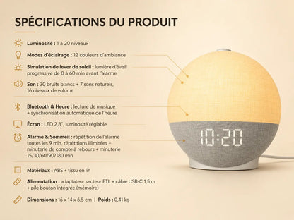 Spécifications du réveil lumineux Éveil : lever de soleil, 30 sons, Bluetooth | Cocon de Lune