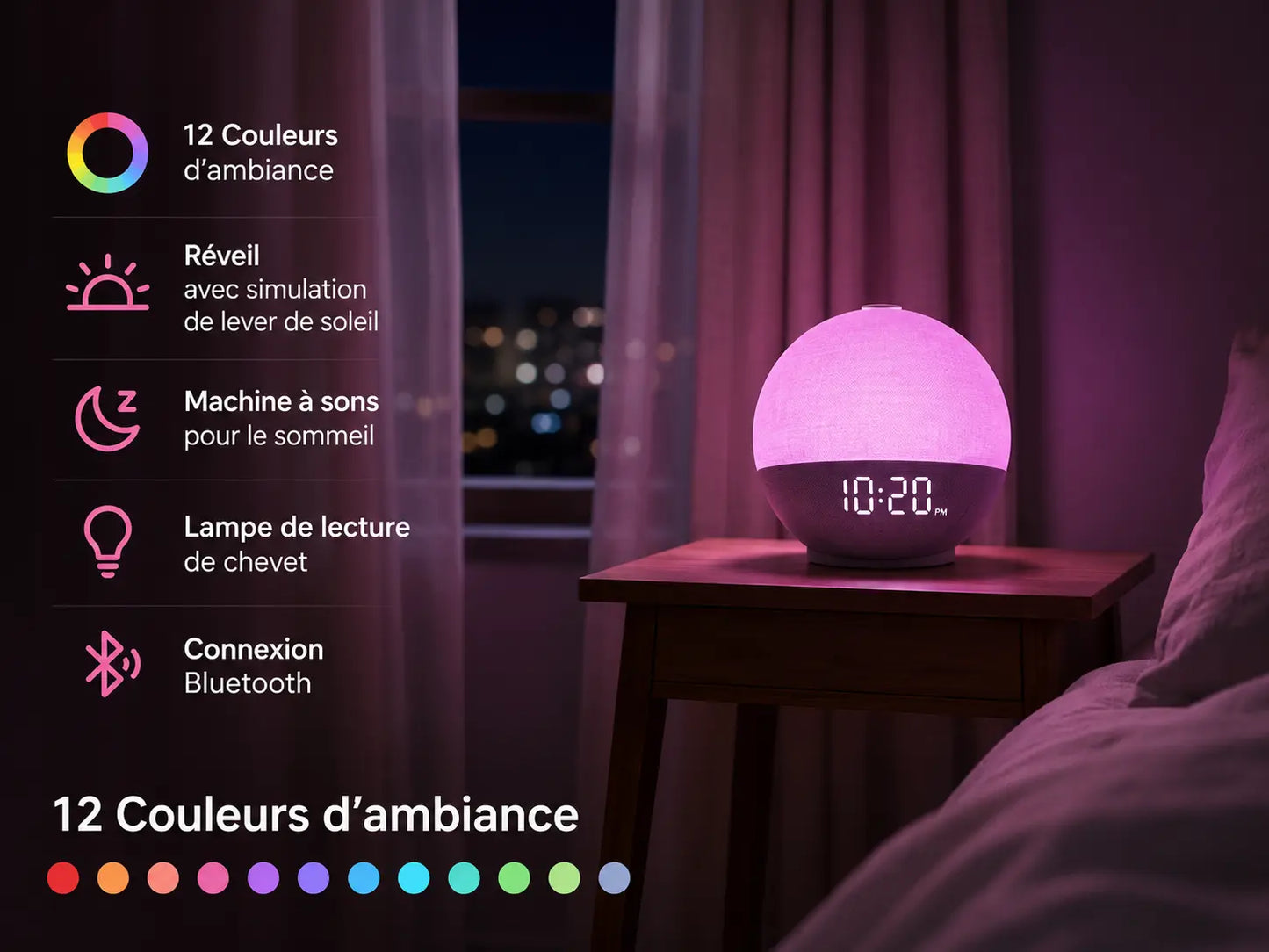 Veilleuse 12 couleurs d'ambiance du réveil Éveil, ici en rose | Cocon de Lune