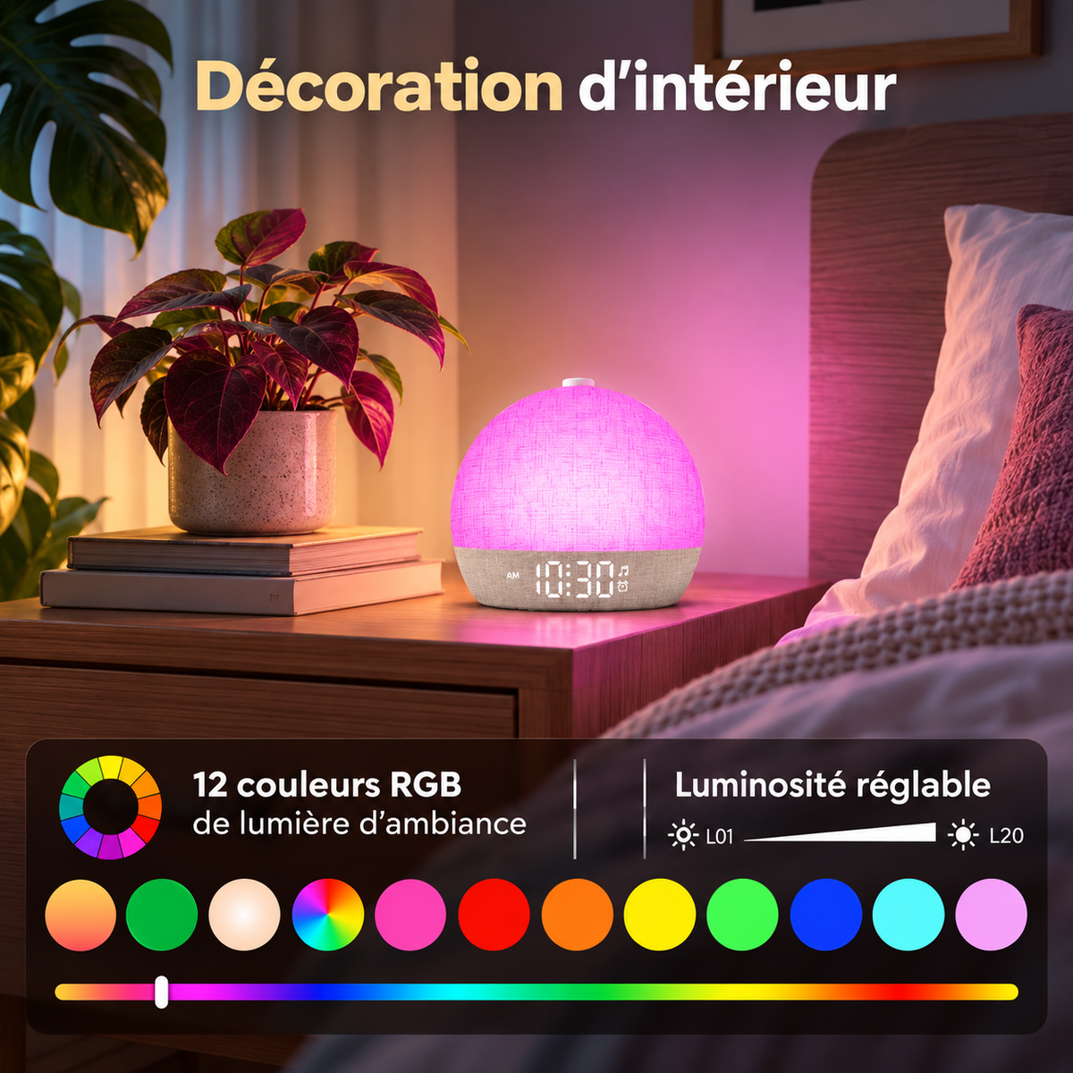Réveil Lumineux Machine à Sons 12 Couleurs - Levant | Cocon de Lune - 12 couleurs d'ambiance