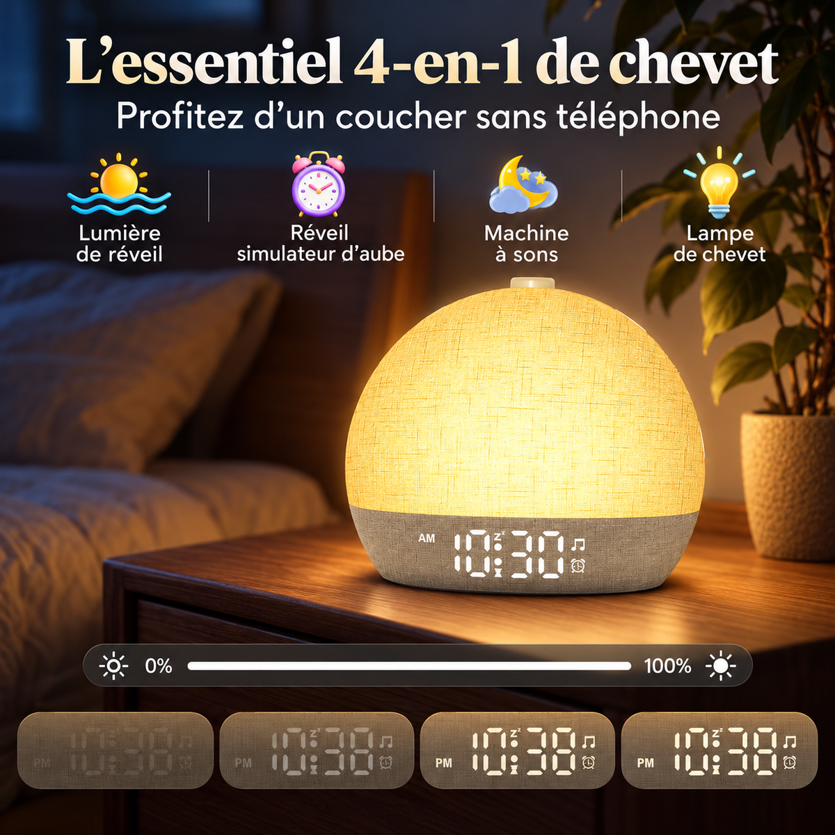 Réveil Lumineux Machine à Sons 12 Couleurs - Levant | Cocon de Lune - réveil 4 en 1 sur une table de nuit