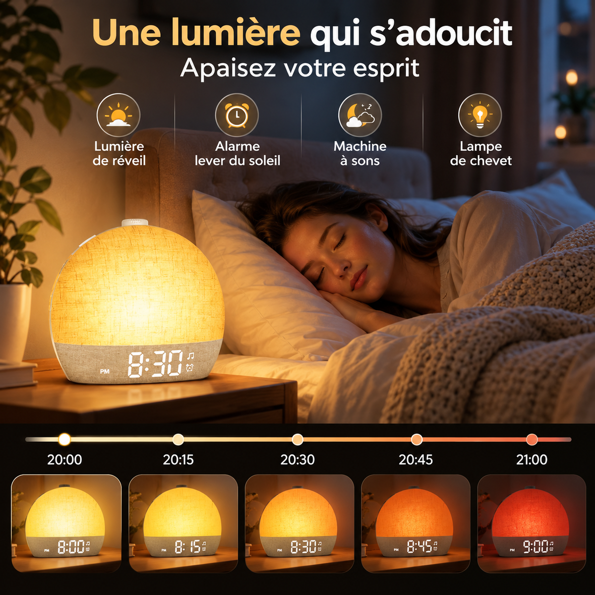 Réveil Lumineux Machine à Sons 12 Couleurs - Levant | Cocon de Lune - lumière qui s'adoucit le soir