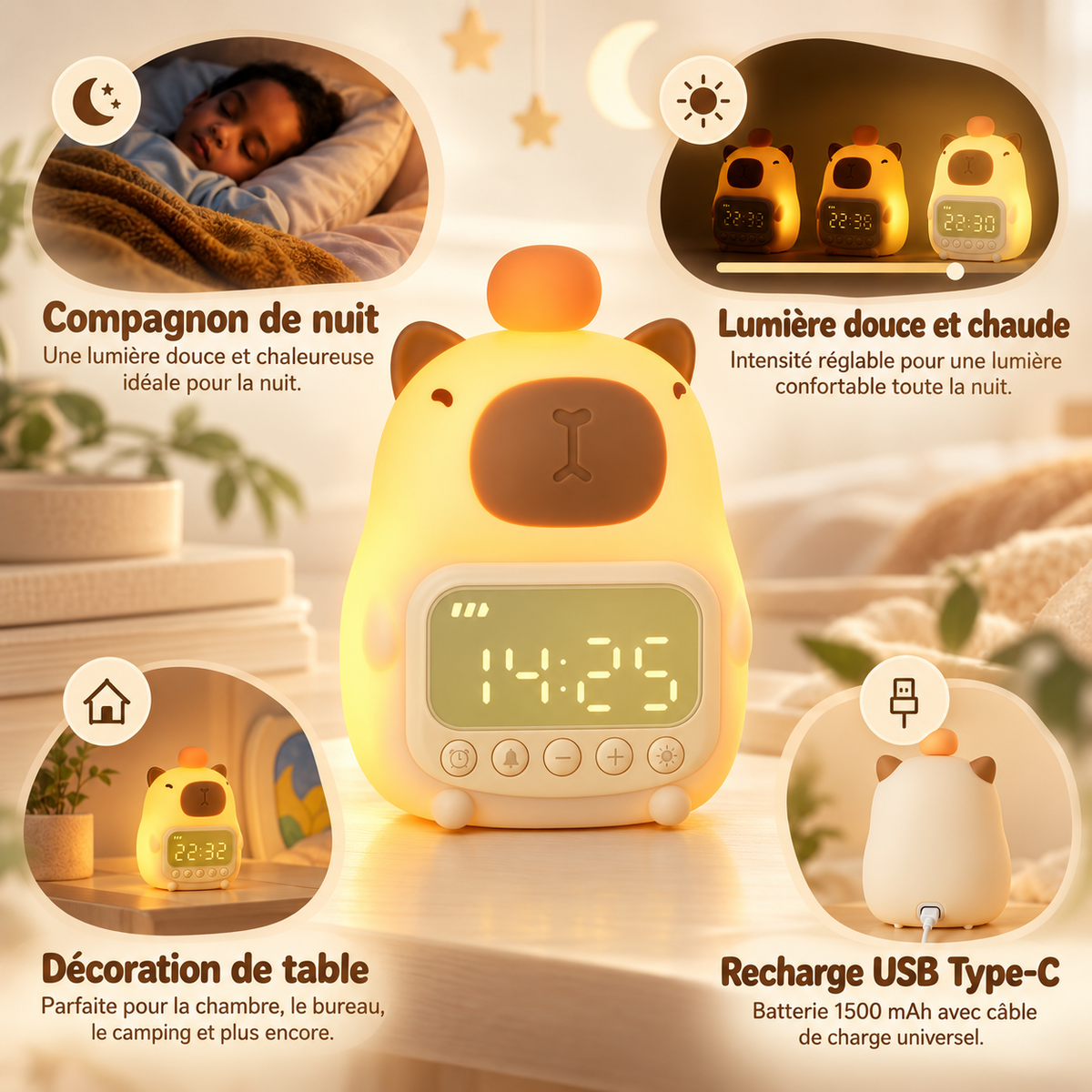 Veilleuse Bébé Capybara Horloge - BébéLume | Cocon de Lune - Lumière douce réglable et recharge USB-C