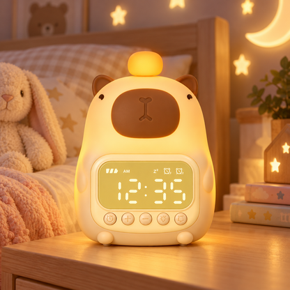 Veilleuse Bébé Capybara Horloge - BébéLume | Cocon de Lune - Sur une table de nuit de chambre d'enfant