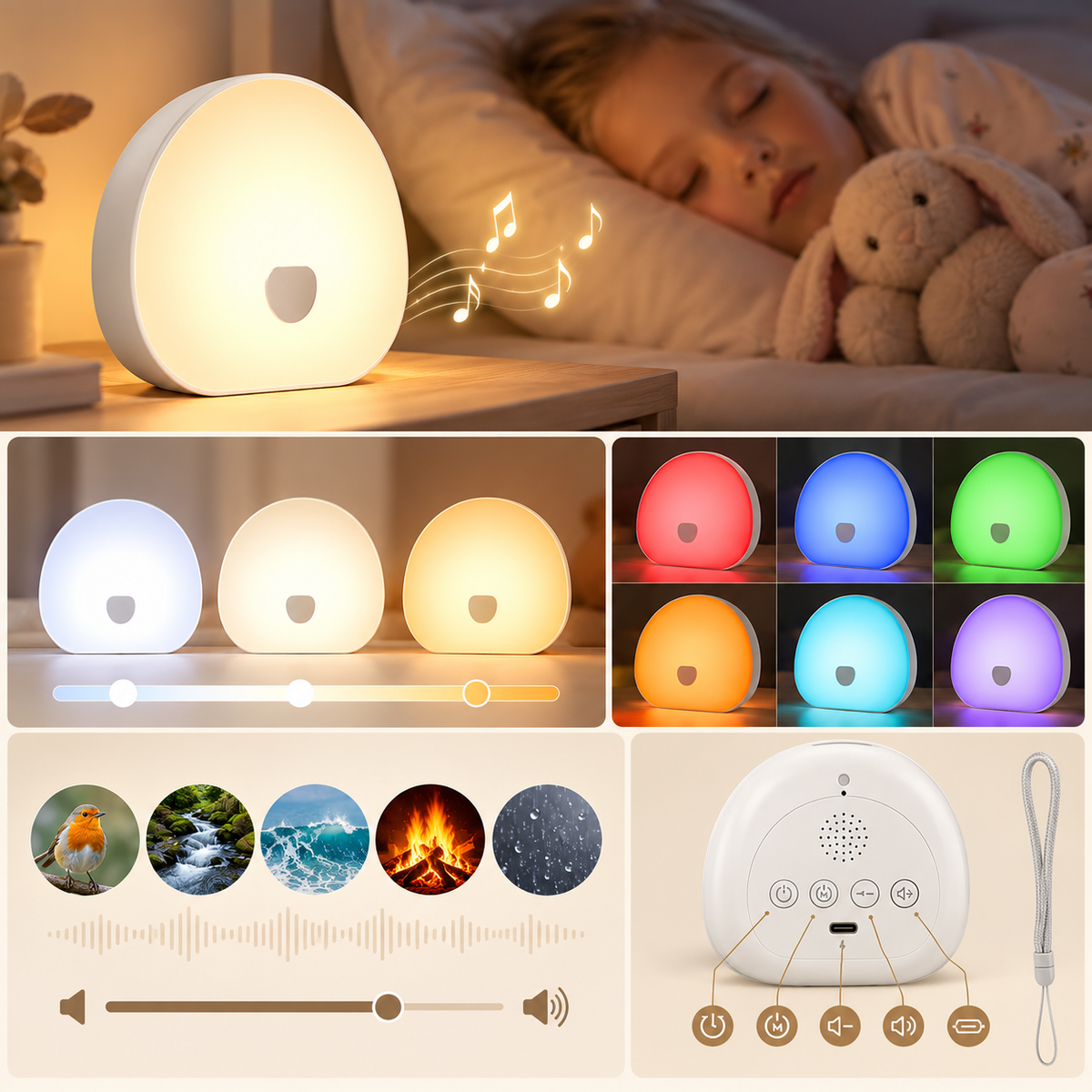 Veilleuse Bruit Blanc Rechargeable - Murmure | Cocon de Lune - sons de la nature et couleurs