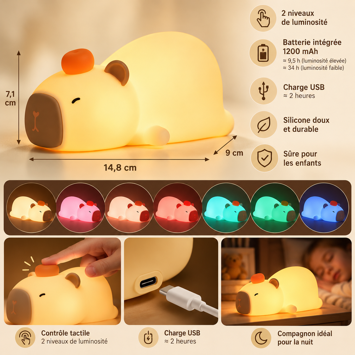 Veilleuse Capybara Silicone Rechargeable - Cloudy | Cocon de Lune - Dimensions, batterie et commande