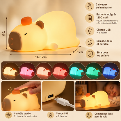 Veilleuse Capybara Silicone Rechargeable - Cloudy | Cocon de Lune - Dimensions, batterie et commande